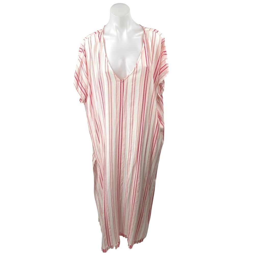 NEW En Creme White Red Striped V-neck Short Sleeve Maxi Kaftan Dress Size 18